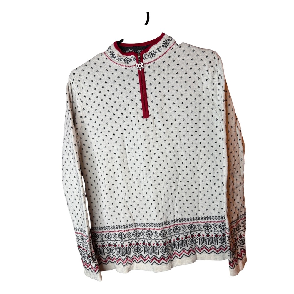 Breckenridge Women's Fair Isle Snowflake 1/4 Zip Sweater Cream Red Size M